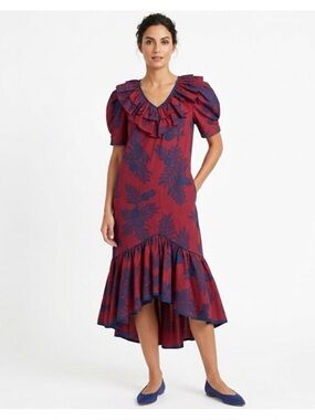 Vintage Hilo Hattie Floral Hawaiian Muumuu Dress with Blue Lace Trim